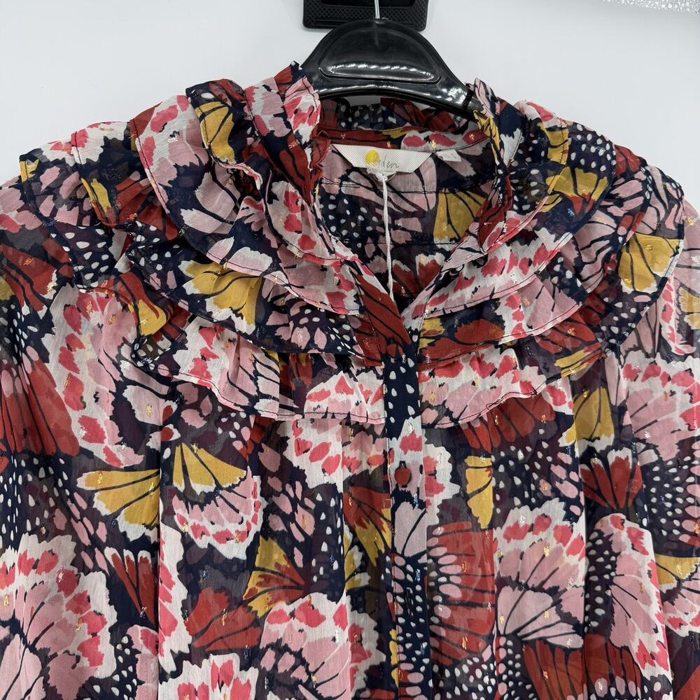 NEW BODEN Butterfly Ruffle Neck Shirt Multicolor Sheer Blouse Ruffled Cuffs US-2 - Picture 3 of 12